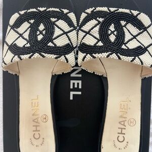 CHANEL Black and White Beaded Mules